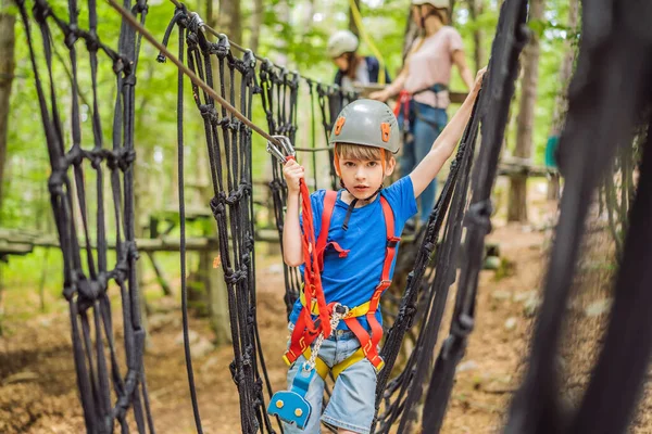 Happy Child Helmet Healthy Teenager School Boy Enjoying Activity Climbing — Stock Photo, Image