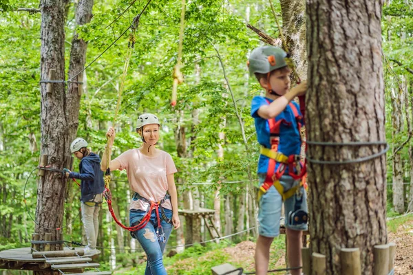 Mother Son Climbing Extreme Road Trolley Zipline Forest Carabiner Safety — Foto de Stock