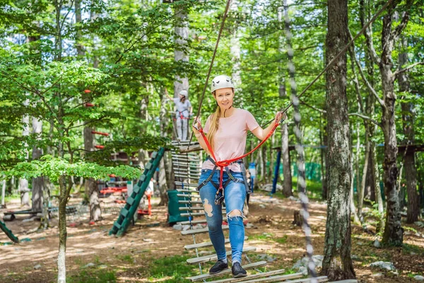 Happy Women Girl Female Gliding Climbing Extreme Road Trolley Zipline — Foto de Stock