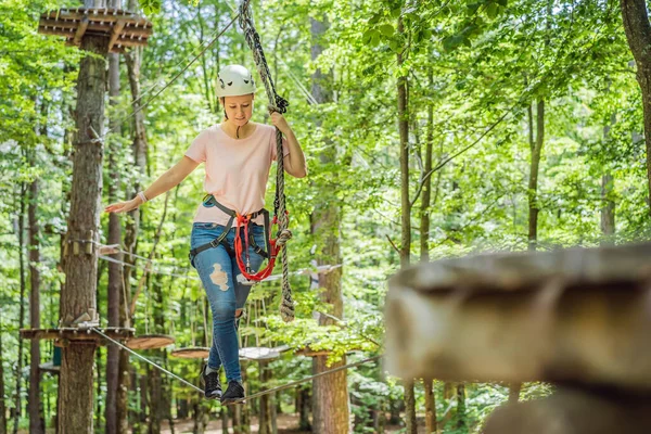 Happy Women Girl Female Gliding Climbing Extreme Road Trolley Zipline — Stok fotoğraf