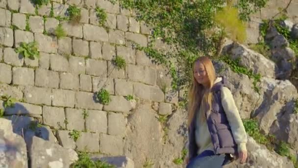 Young Woman Tourist Visits Old Town Kotor Montenegro She Enjoying — Video Stock