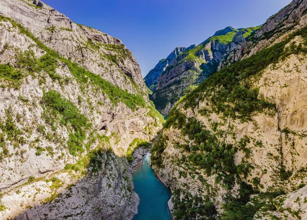 The purest waters of the turquoise color of the river Moraca flowing among the canyons. Travel around Montenegro concept.