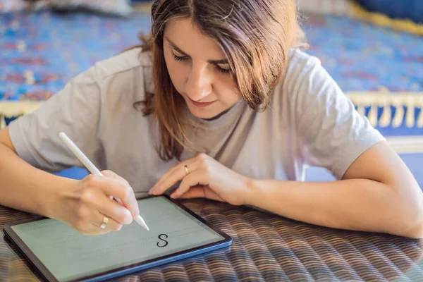 Calligrapher Young Woman Writes Phrase Digital Tablet Inscribing Ornamental Decorated — Stock Fotó