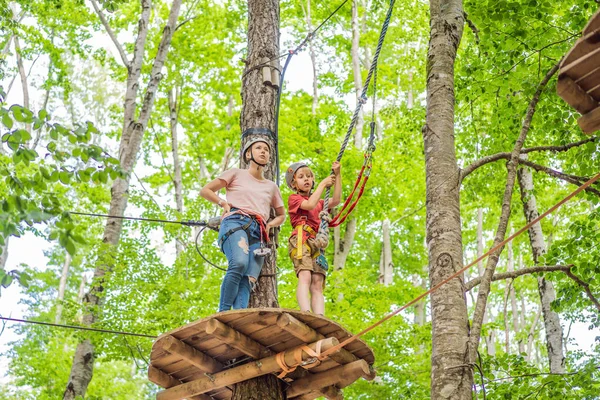 Mother Son Climbing Extreme Road Trolley Zipline Forest Carabiner Safety — Foto de Stock