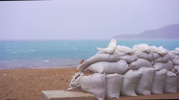Piles Sand Filled Bags Shore Protect Coast Storm Caused Flooding — Stockvideo