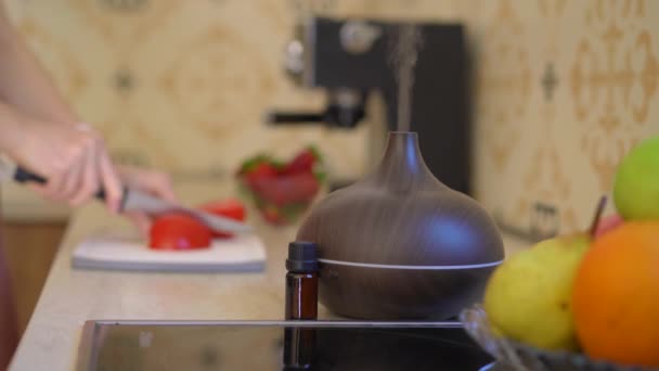 Uma Mulher Numa Cozinha Corta Vegetais Difusor Aroma Está Uma — Vídeo de Stock