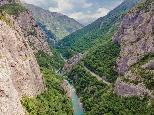 The purest waters of the turquoise color of the river Moraca flowing among the canyons. Travel around Montenegro concept.