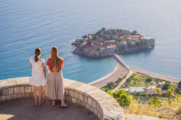 Two Woman Tourist Background Beautiful View Island Stephen Sveti Stefan — Stockfoto
