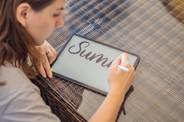 Calligrapher Young Woman Writes Phrase Digital Tablet Inscribing Ornamental Decorated —  Fotos de Stock