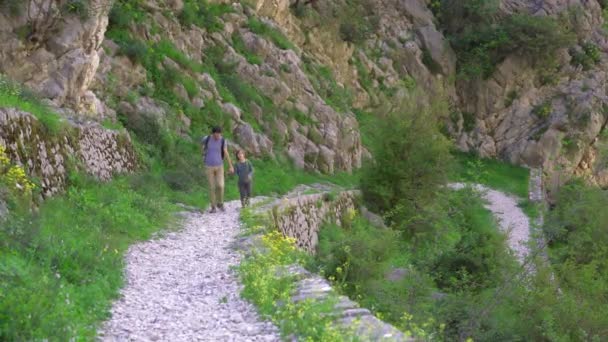 Joven Hijo Caminan Hasta Cima Del Castillo Sobre Ciudad Kotor — Vídeos de Stock