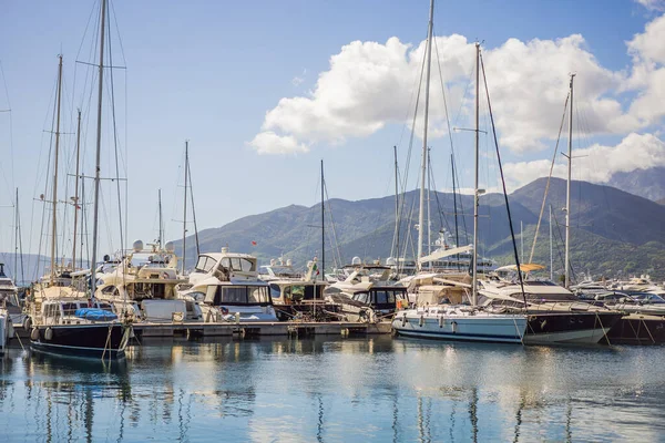 Yacht marina, beautiful Mediterranean landscape in warm colors. Montenegro, Kotor Bay, Tivat city. Porto Montenegro marina view. Go Everywhere.