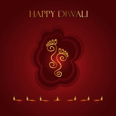 Hindu Tanrıça Laxmi 'nin ayak izleri kırmızı arkaplanda Diwali tebrikleriyle şans getirsin diye.