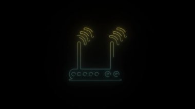 Siyah arkaplanda parlayan neon kablosuz yönlendirici simgesi. Projen için 4K video.