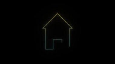 Siyah arka planda parlayan neon renkli ev simgesi. Projen için 4K video.