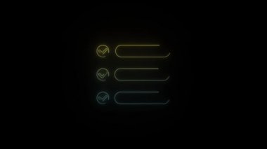 Siyah arkaplan üzerine liste simgesi yapmak için parlayan neon. Projen için 4K video.