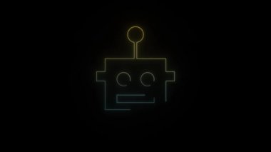 Siyah arka planda parlayan neon robot kafa simgesi. Projen için 4K video.