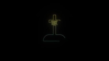 Siyah arkaplanda parlayan neon mezar simgesi. Projen için 4K video.