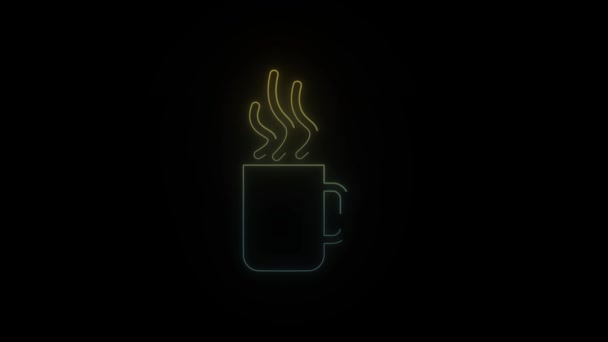 Світла Неонова Чашка Піктограмою Гарячого Чаю Чорному Тлі Відео Вашого — стокове відео