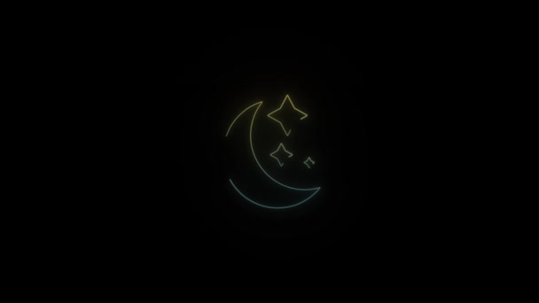 Leuchtender Neon Mond Und Sterne Symbol Auf Schwarzem Hintergrund Video — Stockvideo
