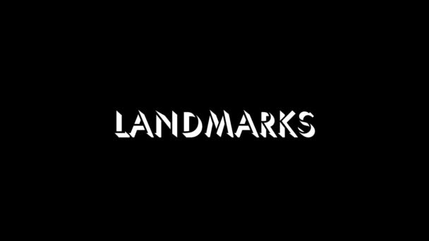 Glitch LANDMARKS palavra no fundo preto. — Vídeo de Stock