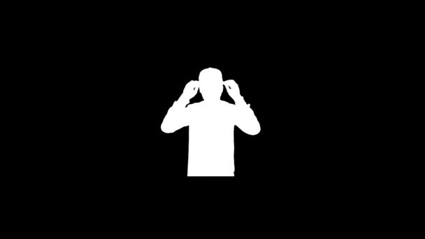Glitch pria mengangkat tangannya ke ikon kepalanya di latar belakang hitam. — Stok Video