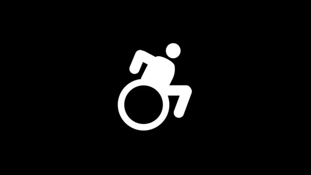 Glitch man in a wheelchair icon on black background. — Stock Video