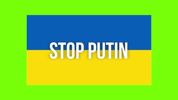 Hasło stop putin w kolorach ukraińskiej flagi zmienia się na flagę Rissian niż na flagę wojskową Ukrainy na zielonym tle. zmiany niebiesko-żółte na biało-niebiesko-czerwone niż zmiany na czerwone — Wideo stockowe