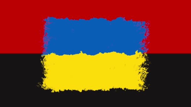 La bandera de Ucrania aparece en la bandera militar de Ucrania. pincelada sobre fondo rojo y negro. la bandera de Ucrania está pintada en la bandera roja y negra de Ucrania. — Vídeos de Stock