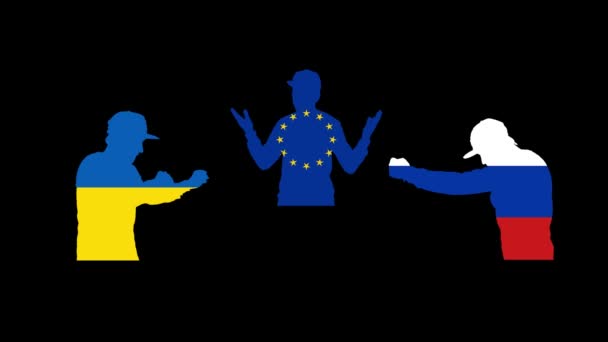 War between Ukraine and Russia on a black background. silhouette of a military Ukrainian in the color of the flag of Ukraine and silhouette of a Russian in the color of the flag of Russia. Russias — Stock Video