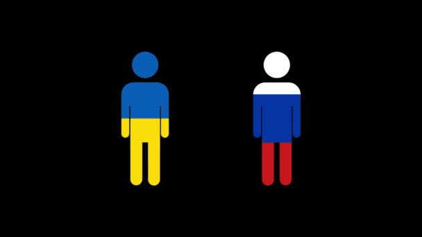 Man in de kleur van de Oekraïense vlag en man in de kleur van de Russische vlag op een zwarte achtergrond. reflectie van Oekraïne en Rusland. confrontatie tussen landen. — Stockvideo