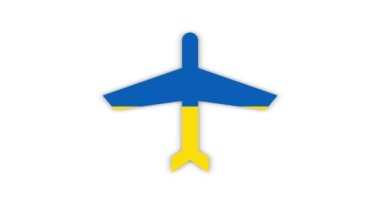 Ukrayna bayrağı renginde askeri uçak beyaz arka planda beliriyor. Ukrayna ve Rusya arasındaki savaşın başlangıcı.