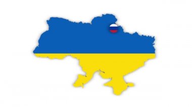 Rus birlikleri tarafından Ukrayna şehirlerinin bombalanmasının yansıması. Rus bayrağı renginde işaretler. Ukrayna bayrağının renklerinde beyaz arkaplanda Ukrayna haritası.