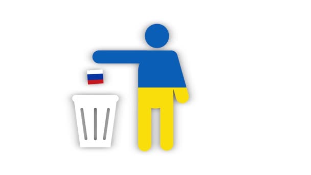 A man in the colors of the Ukrainian flag throws the Russian flag in the trash. war between Ukraine and Russia. — Stock Video