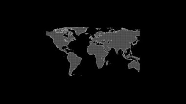 White picture of world map on a black background.