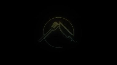 Siyah arkaplanda parlayan neon bıçak ve çatal simgesi.