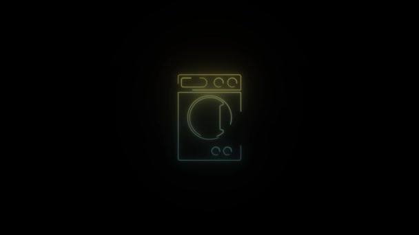 Icona luminosa della lavatrice al neon su sfondo nero. — Video Stock