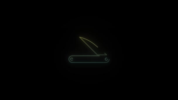 Ícone de faca dobrável de néon brilhante no fundo preto. — Vídeo de Stock