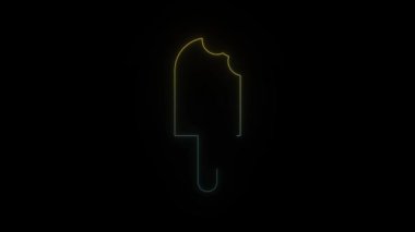 Siyah arka planda parlayan neon dondurma ikonu. Çubukta ısırılmış dondurma. Hareket grafikleri ve birleşikliği için 4K video animasyonu.