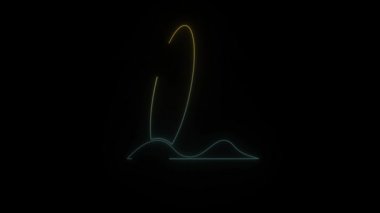 Siyah arkaplanda parlayan neon sörf tahtası simgesi. Kumsaldaki kumda sörf tahtası. Hareket grafikleri ve birleşikliği için 4K video animasyonu.