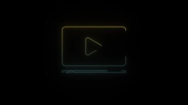 Siyah arkaplandaki site simgesinde parlayan neon video. TV 'de film izlediğim için video oynatıcı. Hareket grafikleri ve birleşikliği için 4K video animasyonu.