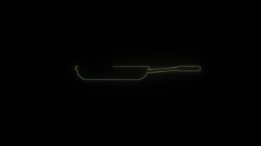 Siyah arka planda parlayan neon ışıklı tava simgesi. Kızarmış yemek pişirmek için aletler. Hareket grafikleri ve birleşikliği için 4K video animasyonu.