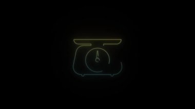 Siyah arkaplanda parlayan neon dengesi simgesi. Ürünleri tartmak için terazi. Hareket grafikleri ve birleşikliği için 4K video animasyonu.