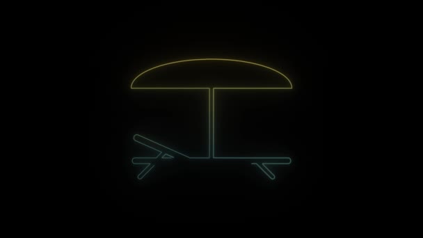 Leuchtender Neon Liegestuhl Und Regenschirm Symbol Auf Schwarzem Hintergrund Entspannung — Stockvideo