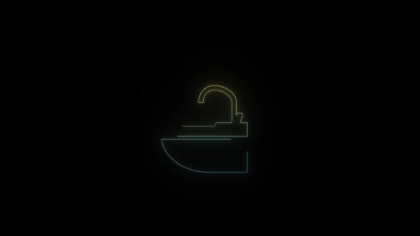 在黑色背景上闪烁着霓虹灯的脸盆图标 在浴室洗手 4K视频动画 用于运动图形和合成 — 图库视频影像