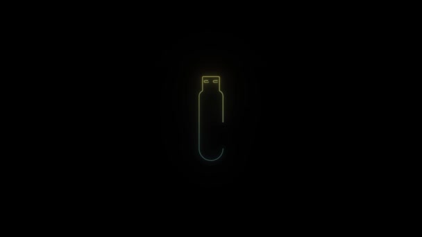 Glowing Neon Flash Drive Icon Black Background Storage Information Portable — Stock Video