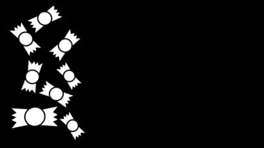 Siyah arkaplanda beyaz renkli şekerler. Şekerler arka planın sol tarafında. Videonu bitir. Projeniz için ayrışma sıvısı geçiş simgesi. Hareket için 4K video canlandırması