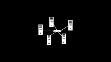 Siyah arkaplanda internet sunucusunun beyaz resmi. İnternet üzerinden veri iletimi. Projeniz için ayrışma sıvısı geçiş simgesi. Hareket grafikleri için 4K video animasyonu ve