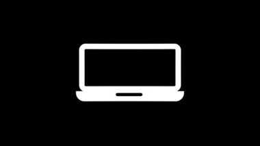 Siyah arka planda beyaz dizüstü bilgisayar resmi. Bir kafede kayın laptopuyla çalışıyorum. Projeniz için ayrışma sıvısı geçiş simgesi. Hareket grafikleri ve birleşikliği için 4K video animasyonu.
