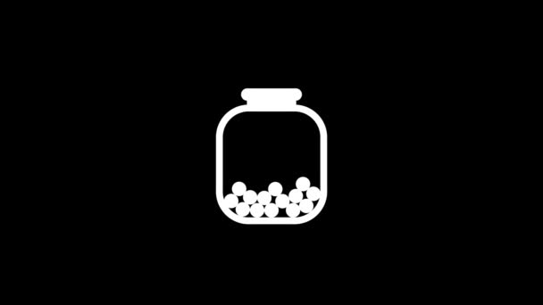 Bílý obrázek sklenice s pilulkami na černém pozadí. uzavřená sklenice s léky, léčba lidí. Ikona přechodu v tekutém stylu zkreslení pro váš projekt. 4K video animace pro pohyblivou grafiku