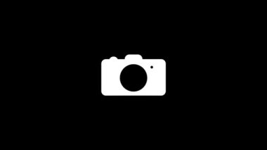 Siyah arka planda beyaz kamera resmi. Önemli noktaları yakalıyorum. Projeniz için ayrışma sıvısı geçiş simgesi. Hareket grafikleri ve birleşikliği için 4K video animasyonu.